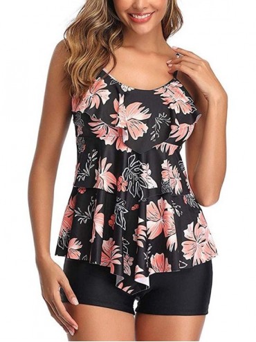Racing Women Plus Size Swimsuits 2 Piece Flounce Printed Top with Boyshorts Tankini Bathing Suits - Pink Floral 03 - CU196GYM...