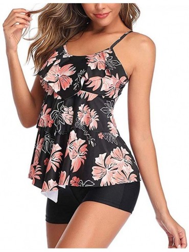 Racing Women Plus Size Swimsuits 2 Piece Flounce Printed Top with Boyshorts Tankini Bathing Suits - Pink Floral 03 - CU196GYM...