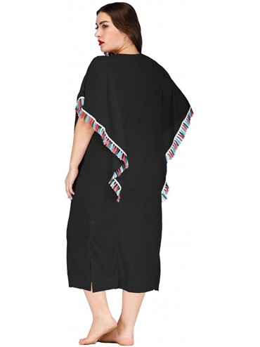 Cover-Ups Women Plus Size Swimwear Beach Dress Cover Up with Tassels - Black - Plus - CB18QEWSMKH $19.99