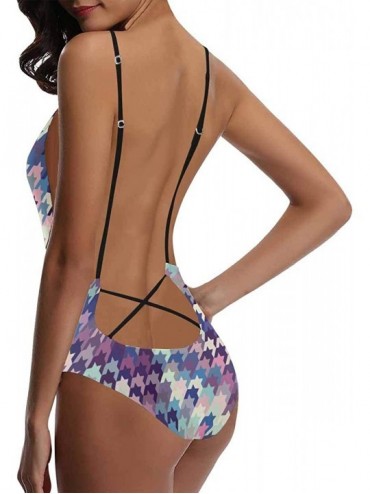 One-Pieces Fashion Black White Houndstooth V-Neck Women Lacing Backless One-Piece Swimsuit Bathing Suit XS-3XL - Design 7 - C...