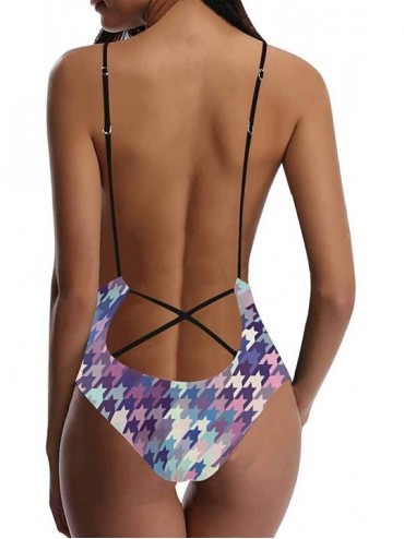One-Pieces Fashion Black White Houndstooth V-Neck Women Lacing Backless One-Piece Swimsuit Bathing Suit XS-3XL - Design 7 - C...