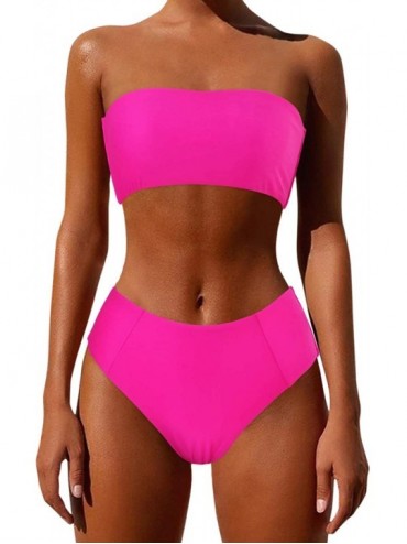 Sets Women's Bandeau Bikini High Waist Swimsuit 2 Pieces Strapless Swimwear - Red-neon - CU18AMWOEHK $21.30