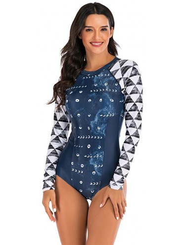 Tankinis Women's One Piece Long Sleeve Rashguard Wetsuit Swimsuit Sun Protection Bathing Suits - 05 Navy Geo - CZ194L5U4AX $4...