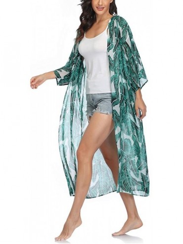 Cover-Ups Womens Long Chiffon Floral Kimono Cardigans Loose Blouse Summer Cover Ups - C-light-green - CT18S27N9ZX $25.43