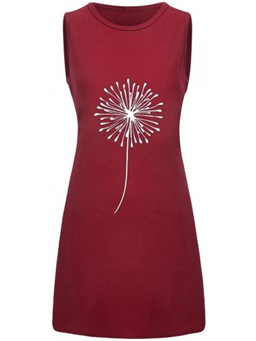 Cover-Ups Womens Slim A Line Short Dress Dandelion Print Beach Casual Sundress Sleeveless O Neck Tank Dress with Pocket Wine ...