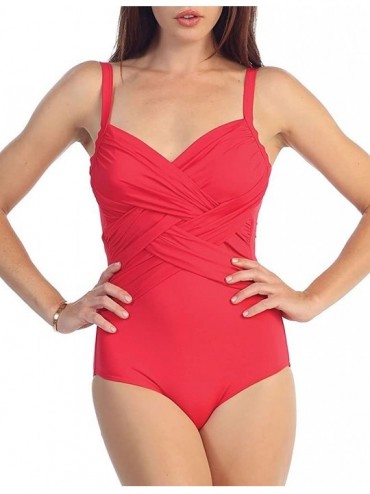 One-Pieces Women's One Piece Swimsuit Full Coverage Scoop w/Diagonal Draped Design - Poppy Red - CO11EV54W29 $37.37