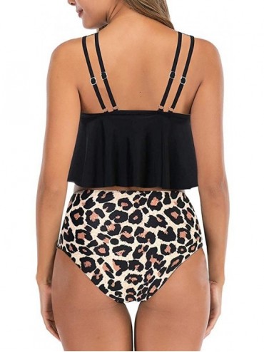 Bottoms High Waisted Bikini Swimsuits for Women Retro Ruffled Flounce Swimwear Two Piece Tankini Bathing Suits A black Leopar...