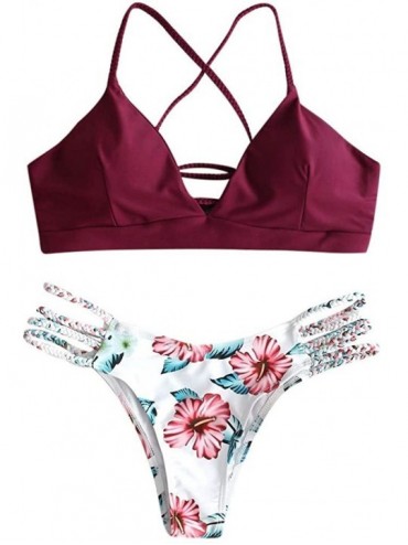 Bottoms Women's Bikini Sets Cut Flower Two Piece Swimsuit Pushups Swimwear Beachwear - 1 - Wine - CI18T6CIZZ9 $13.97