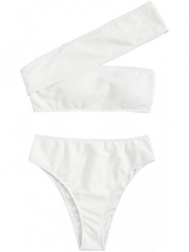 Sets Women's Bathing Suits One Shoulder Ribbed Bikini Set High Waisted Swimsuits - White - CR193IHIDWO $44.89