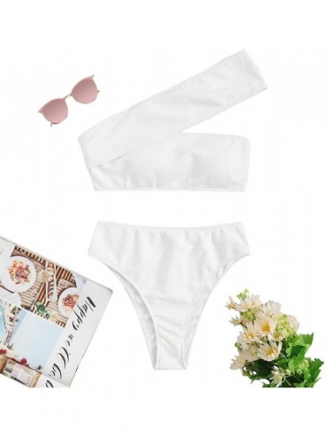 Sets Women's Bathing Suits One Shoulder Ribbed Bikini Set High Waisted Swimsuits - White - CR193IHIDWO $20.02