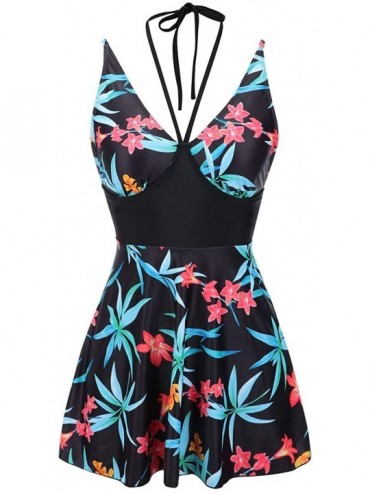 Sets Women's Swimwear One/Two Piece Swimsuit Skirtini Swimdress with Boyshort/Bikini Bottom Black Floral Pattern 2 Pcs - C918...