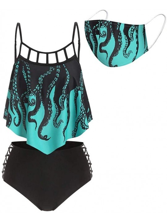 Sets Women Sun Stars Moon Flounce Runched Tankini Swimsuit High Waisted Bikini Set - 3pc Octopus Print - CY199RWNWTI $15.57