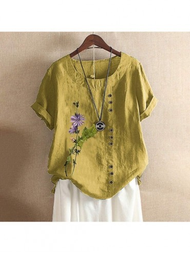 Board Shorts Women's Vintage top Embroidered Blouse Tunic V-Neck Linen Tops Short Sleeve Hi-Low Hem Shirt - Yellow_1 - C9199M...