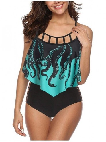 Sets Women Sun Stars Moon Flounce Runched Tankini Swimsuit High Waisted Bikini Set - 3pc Octopus Print - CY199RWNWTI $15.57