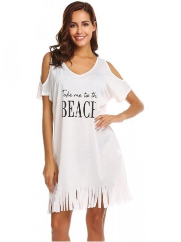 Cover-Ups Women Letters Print Swimwear Bikini Cover-ups Cold Shoulder Tassel Beach Dress(S-XXL) - White - CX18E8488WN $32.02