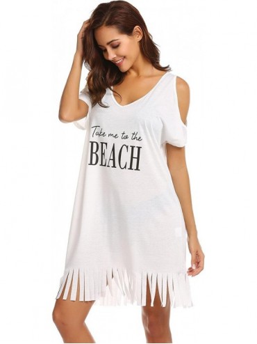 Cover-Ups Women Letters Print Swimwear Bikini Cover-ups Cold Shoulder Tassel Beach Dress(S-XXL) - White - CX18E8488WN $21.20
