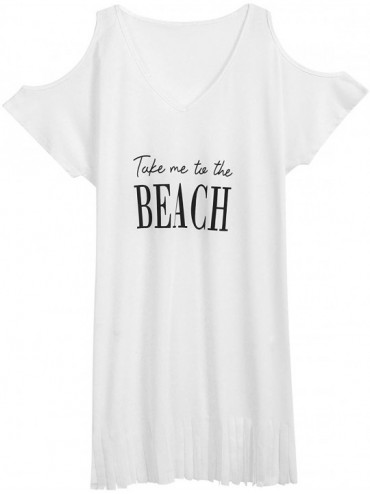 Cover-Ups Women Letters Print Swimwear Bikini Cover-ups Cold Shoulder Tassel Beach Dress(S-XXL) - White - CX18E8488WN $21.20
