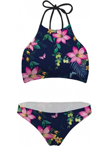 Sets Women Tropical Leaf 3D Print Tie Halter Padding Bikini 2 Piece Swimsuit - Tropical Flower 1 - CX1965KR8ZC $20.09