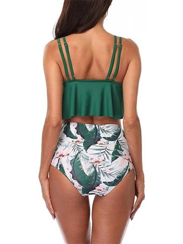 Bottoms High Waisted Bikini Swimsuits for Women Retro Ruffled Flounce Swimwear Two Piece Tankini Bathing Suits F green Flower...