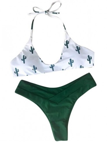 Sets Bikinis for Teen Girls Two Piece Cactus Print Sexy Split Halter Lace Up Swimsuit Beachwear - White - CY196ENAWCE $26.40
