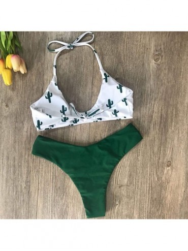 Sets Bikinis for Teen Girls Two Piece Cactus Print Sexy Split Halter Lace Up Swimsuit Beachwear - White - CY196ENAWCE $14.40