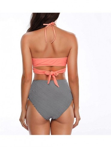 Racing Two Piece Push Up Bathing Suit Women Swimsuit Halter Bandage Wrap Bikini Ruched High Waist Swimwear Pink Striped - CX1...