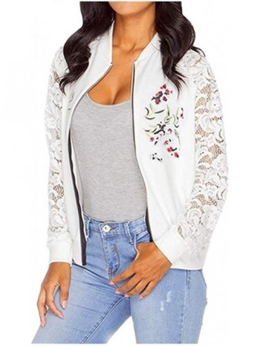 Tankinis Women Retro Floral Zipper Bomber Jacket Long Sleeve Casual Chic Coat Streetwear - S-white - CO1905YWOZR $20.20