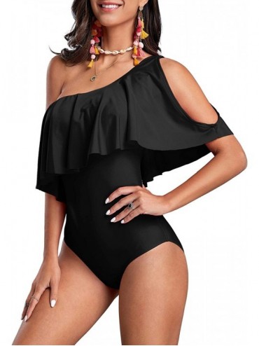 One-Pieces Womens One Shoulder Swimsuit Vintage Ruffle Cut Out One Piece Bathing Suits High Waisted Monokini Swimwear Black -...