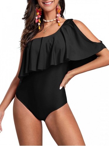 One-Pieces Womens One Shoulder Swimsuit Vintage Ruffle Cut Out One Piece Bathing Suits High Waisted Monokini Swimwear Black -...