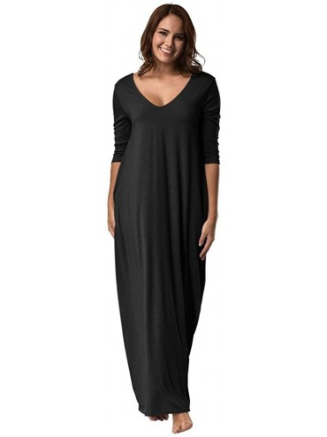 Cover-Ups Neutral Floor Length Dress for Women 3/4 Sleeve V Neck Solid Color Pocket Long Maxi Dress Plus Size - Black - C318Q...