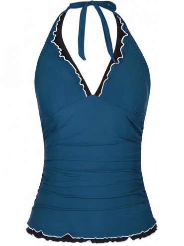 Tops Women's Tankini Swimsuits Top V Neck Halter Swimwear Ruffle Swim Top - Aquamarine Blue - CX18S6NTEY4 $41.94
