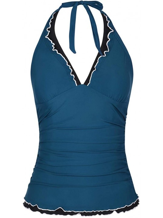 Tops Women's Tankini Swimsuits Top V Neck Halter Swimwear Ruffle Swim Top - Aquamarine Blue - CX18S6NTEY4 $17.57