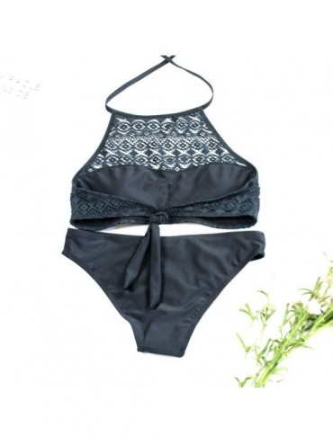 Sets Women's Halter Crochet Lace High Neck Two Piece Bikini Set Cross Back Bikini Swimsuit Bathing Suits - Black - CM1945L7HA...