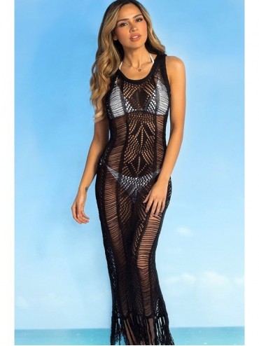 Cover-Ups Womens Crochet Tassel Beach Wear Cover up Swimwear Bikini Long Maxi Beach Dress - Black - CX18E664DCH $19.19