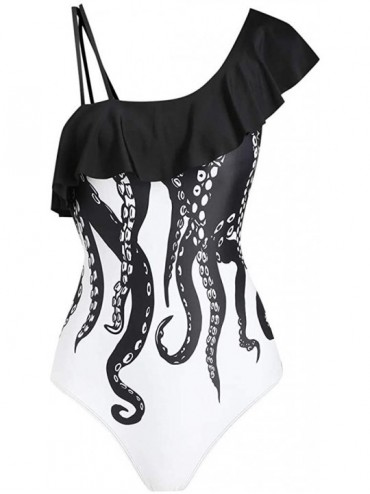 One-Pieces One Piece Swimsuit Women Octopus Print Flounce Skew Neck Push Up Padded Bikini Swimwear Monokini S/M/L/XL/XXL Blac...