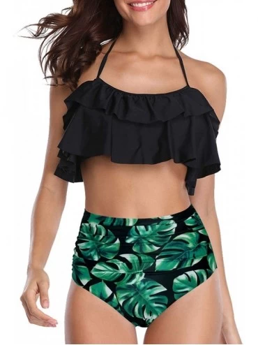 Sets Women Two Piece Ruffle Halter Swimsuit Backless High Waisted Bikini Set - Black - CH18EWACL8N $46.55