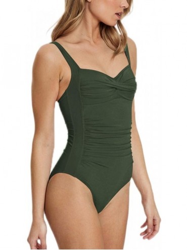 Sets Women's Square Neck High Cut One Piece Padded Swimsuit Bathing Suit - Ruched-army Green - CZ190XCKLDT $22.52