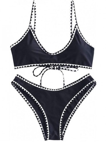 Sets Women's Contrast Trim Crochet Bikini Set Lace-up Triangle Bralette Bathing Suit - Black - CS18T906K66 $36.46