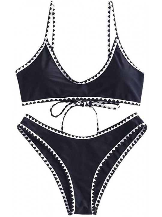 Sets Women's Contrast Trim Crochet Bikini Set Lace-up Triangle Bralette Bathing Suit - Black - CS18T906K66 $15.98