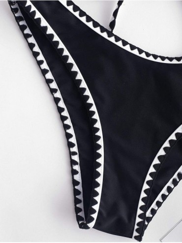 Sets Women's Contrast Trim Crochet Bikini Set Lace-up Triangle Bralette Bathing Suit - Black - CS18T906K66 $15.98