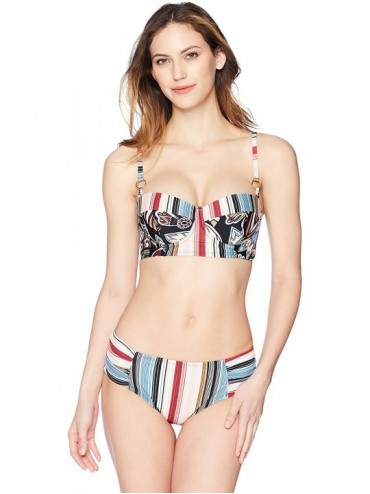 Tankinis Women's Swimwear Bikini Bottom - Raisin/Blue Stripe Tab Hipster - CR185NQQ9US $15.15