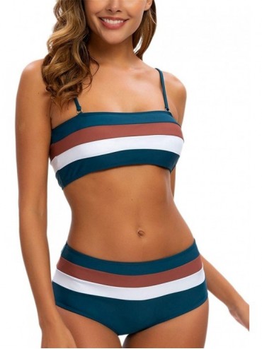 Sets Women Striped Swimsuit Bandeau High Waisted Bikini Color Block Bathing Suit - Navy Blue - C91966R2I7L $16.87