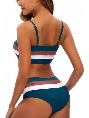 Sets Women Striped Swimsuit Bandeau High Waisted Bikini Color Block Bathing Suit - Navy Blue - C91966R2I7L $16.87