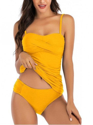 Sets Women's Ruched Bandeau Two Piece Bathing Suits Tummy Control Tankini Swimsuits with Bikini Bottom - Yellow - CJ199U33YN6...