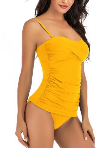 Sets Women's Ruched Bandeau Two Piece Bathing Suits Tummy Control Tankini Swimsuits with Bikini Bottom - Yellow - CJ199U33YN6...