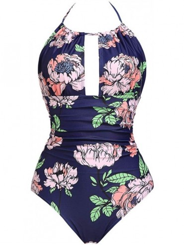 One-Pieces Women One Piece V Neck Swimsuits Tummy Control Swimwear Slimming Monokini Bathing Suits Backless - Purple Flower -...