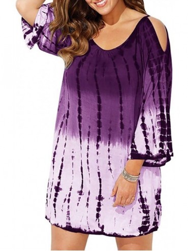 Cover-Ups Women Cold Shoulder Swimsuit Cover Ups Plus Size Tie-Dyed Beach Cover-ups Mini Dress - Purple - CV18Q3LKG6H $26.97