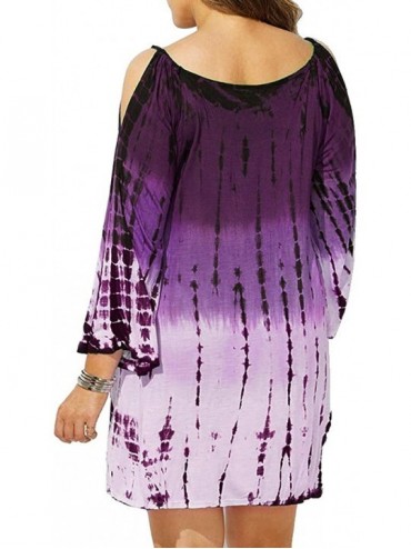 Cover-Ups Women Cold Shoulder Swimsuit Cover Ups Plus Size Tie-Dyed Beach Cover-ups Mini Dress - Purple - CV18Q3LKG6H $16.68