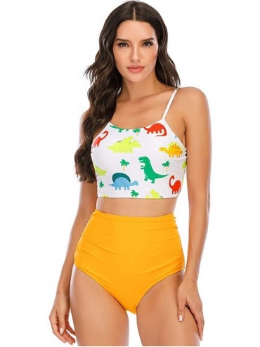 Sets Women's Printed High Neck Crop Top High Waisted Bikini Swimsuit - Dinosaur/Yellow - C9190LI7NSY $43.86