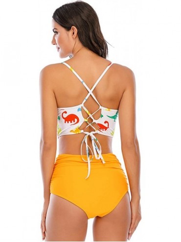 Sets Women's Printed High Neck Crop Top High Waisted Bikini Swimsuit - Dinosaur/Yellow - C9190LI7NSY $18.71
